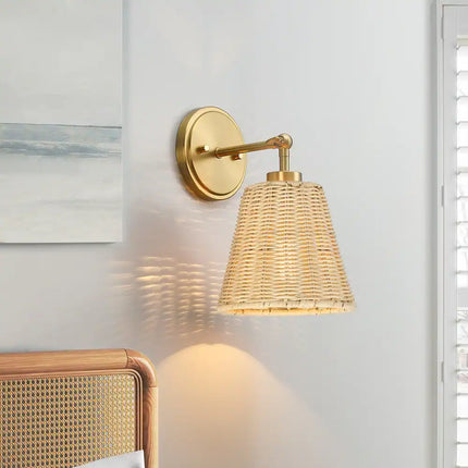 1-Light Boho Rattan Wall Sconce – Hardwired, Swivel Swing Arm