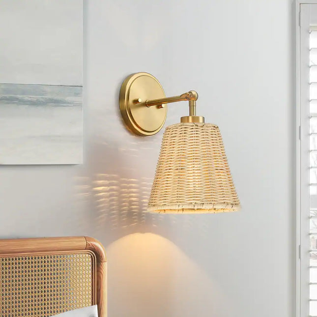 1-Light Boho Rattan Wall Sconce – Hardwired, Swivel Swing Arm