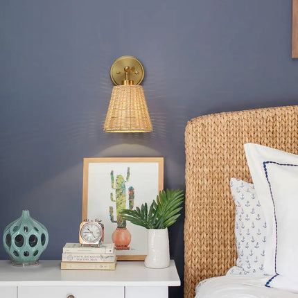 1-Light Boho Rattan Wall Sconce – Hardwired, Swivel Swing Arm