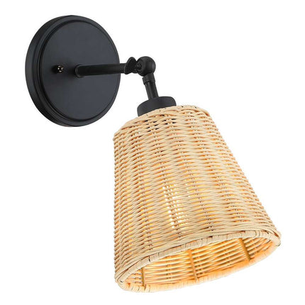 1-Light Boho Rattan Wall Sconce with Adjustable Swivel Swing Arm Hardwired Black