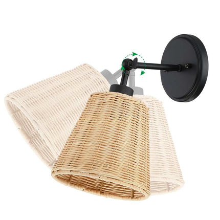 1-Light Boho Rattan Wall Sconce with Adjustable Swivel Swing Arm Hardwired Black