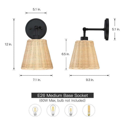 1-Light Boho Rattan Wall Sconce with Adjustable Swivel Swing Arm Hardwired Black