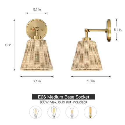 1-Light Boho Rattan Wall Sconce – Hardwired, Swivel Swing Arm