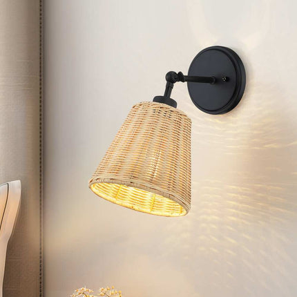1-Light Boho Rattan Wall Sconce with Adjustable Swivel Swing Arm Hardwired Black
