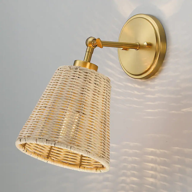 1-Light Boho Rattan Wall Sconce – Hardwired, Swivel Swing Arm