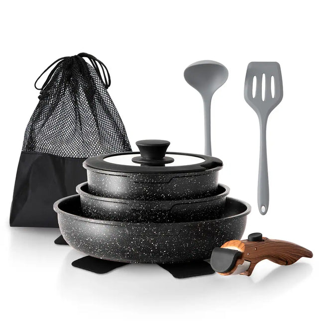10-Piece Nonstick Cookware Set with Detachable Handle for Camping and RV Use