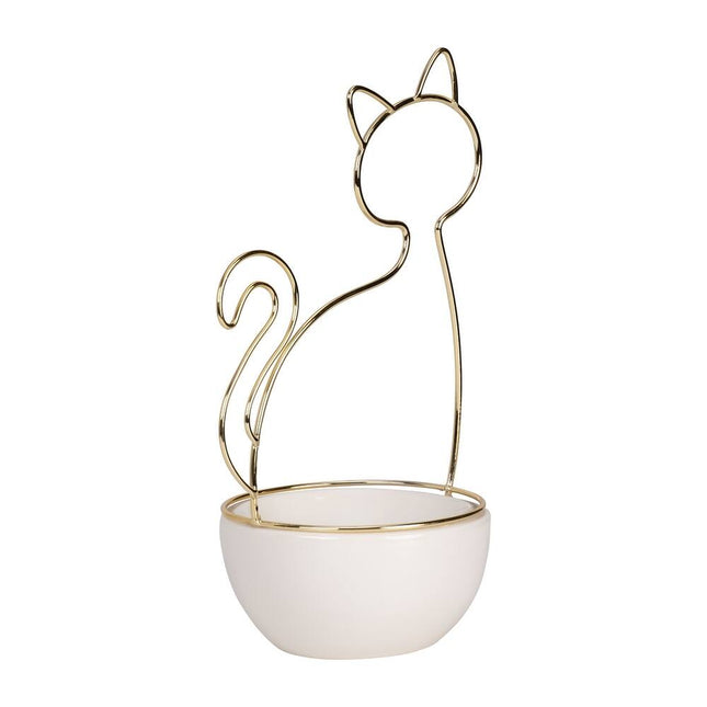 10" Ceramic Cat Trinket Tray White and Gold Jewelry Holder for Cat Lovers