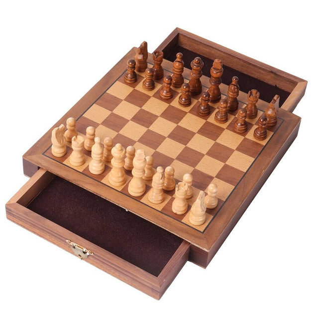 10" Magnetic Travel Chess Set Wooden Board with Drawers Portable Classic Game