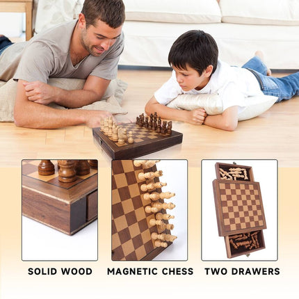 10" Magnetic Travel Chess Set Wooden Board with Drawers Portable Classic Game