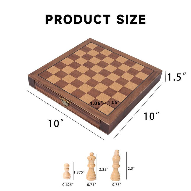 10" Magnetic Travel Chess Set Wooden Board with Drawers Portable Classic Game