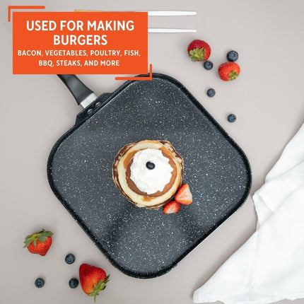 11" Bistro Aluminum Ceramic Square Griddle – Black Speckled, Cool Touch Handle