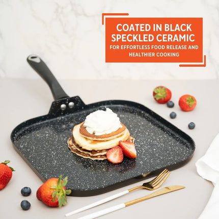 11" Bistro Aluminum Ceramic Square Griddle – Black Speckled, Cool Touch Handle