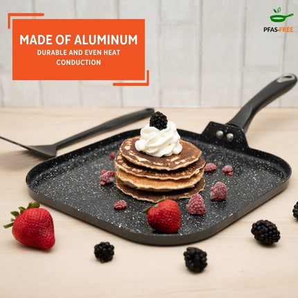 11" Bistro Aluminum Ceramic Square Griddle – Black Speckled, Cool Touch Handle