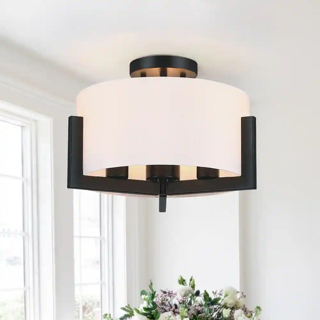 14" 3-Light Semi-Flush Ceiling Light – Matte Black with Drum Shade
