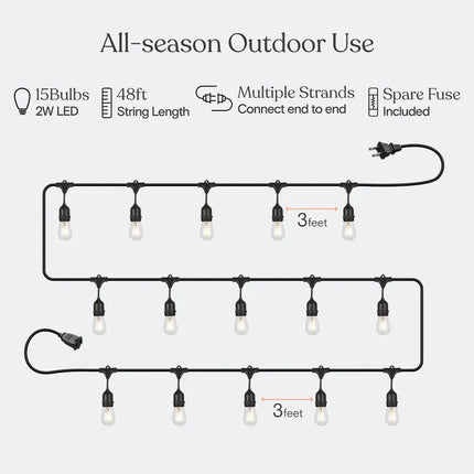 48FT Outdoor String Lights with 15 LED S14 Edison Hanging Bulbs Warm