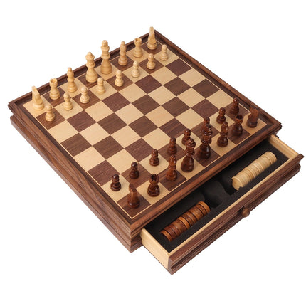 Premium Wooden 2-in-1 Chess and Checkers Board 15" with Storage Drawer