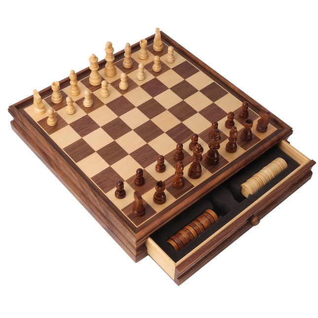 Premium Wooden 2-in-1 Chess and Checkers Board 15" with Storage Drawer