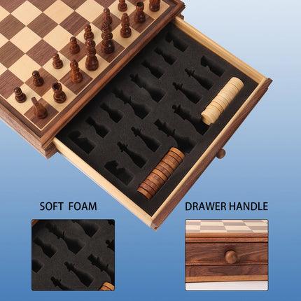 Premium Wooden 2-in-1 Chess and Checkers Board 15" with Storage Drawer