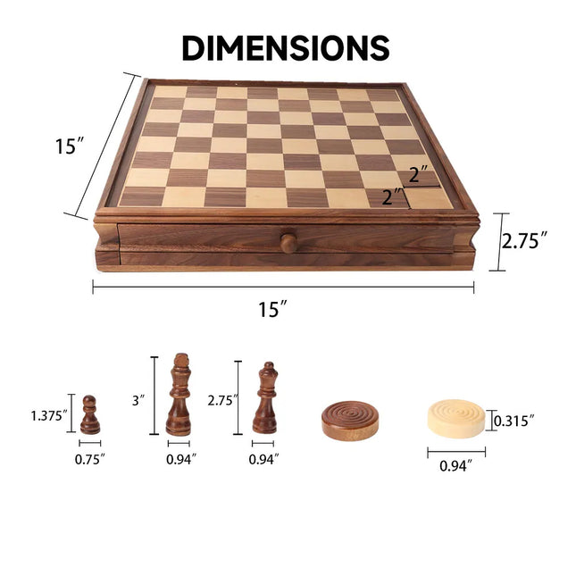 Premium Wooden 2-in-1 Chess and Checkers Board 15" with Storage Drawer