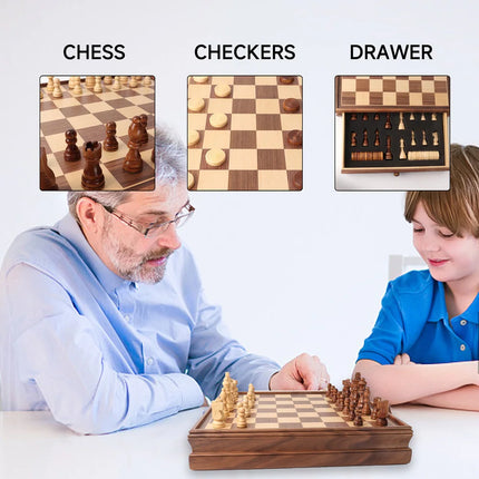 Premium Wooden 2-in-1 Chess and Checkers Board 15" with Storage Drawer
