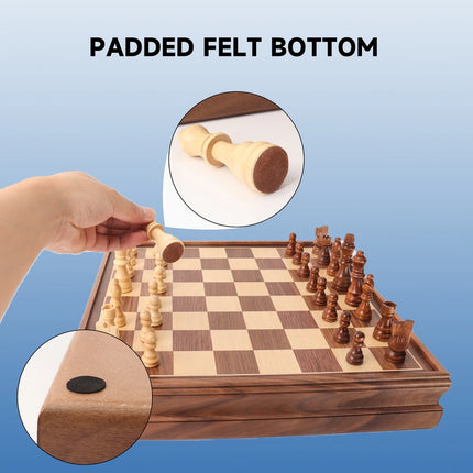 Premium Wooden 2-in-1 Chess and Checkers Board 15" with Storage Drawer