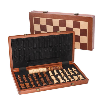 15" Large Wooden Folding Chess and Checkers Set with Storage Box
