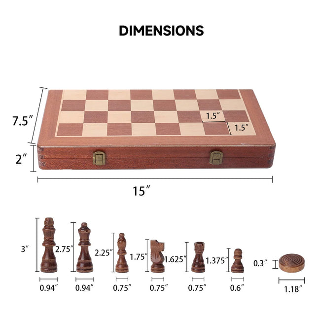 15" Large Wooden Folding Chess and Checkers Set with Storage Box