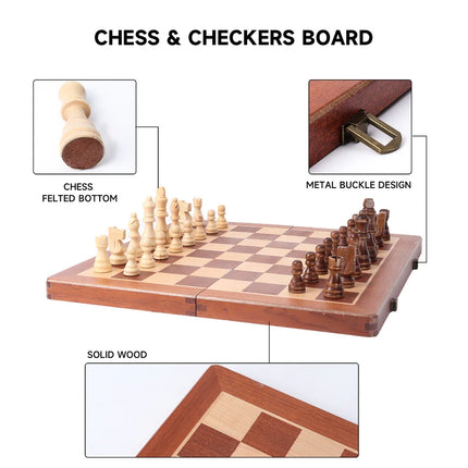 15" Large Wooden Folding Chess and Checkers Set with Storage Box