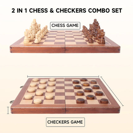 15" Large Wooden Folding Chess and Checkers Set with Storage Box