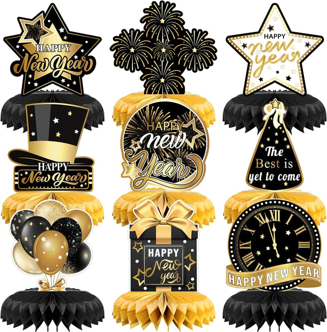 9-Piece 2026 NYE Honeycomb Centerpieces – 3D New Year Party Table Decor