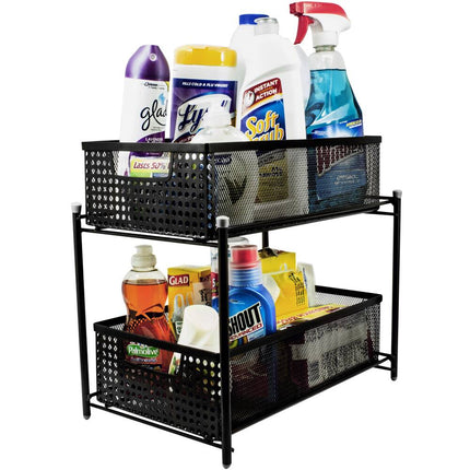 2 Tier Organizer Basket Steel Mesh Sliding Storage Rack Black Kitchen Organizer