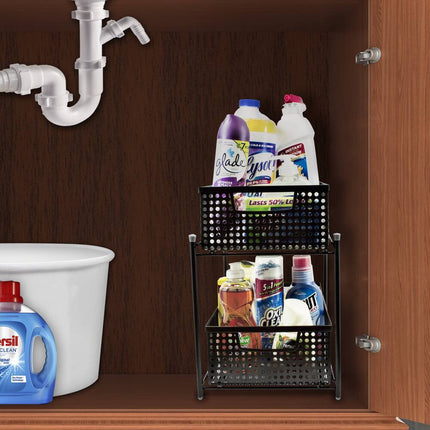 2 Tier Organizer Basket Steel Mesh Sliding Storage Rack Black Kitchen Organizer