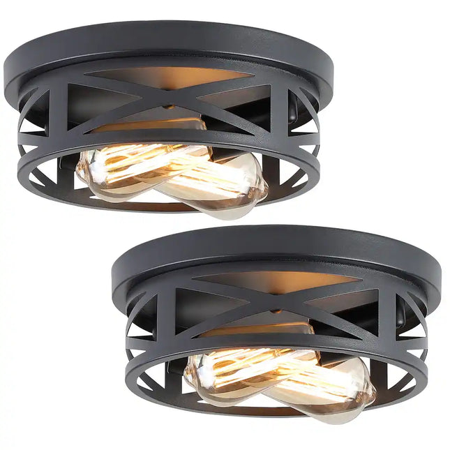 2-Light Flush Mount Ceiling Light – Black Farmhouse Style, 2-Pack