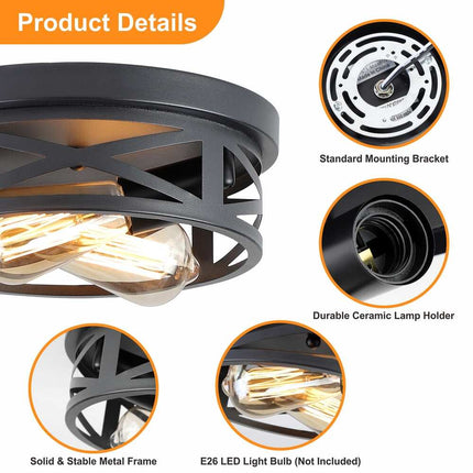 2-Light Flush Mount Ceiling Light – Black Farmhouse Style, 2-Pack