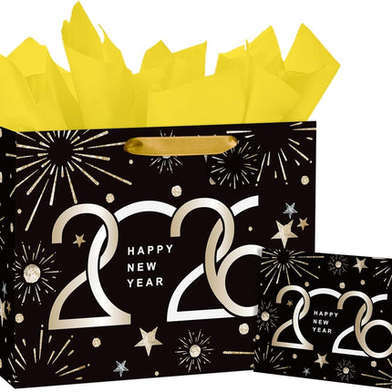 2026 New Year Gift Bag Black Gold Fireworks Medium with Tissue & Card