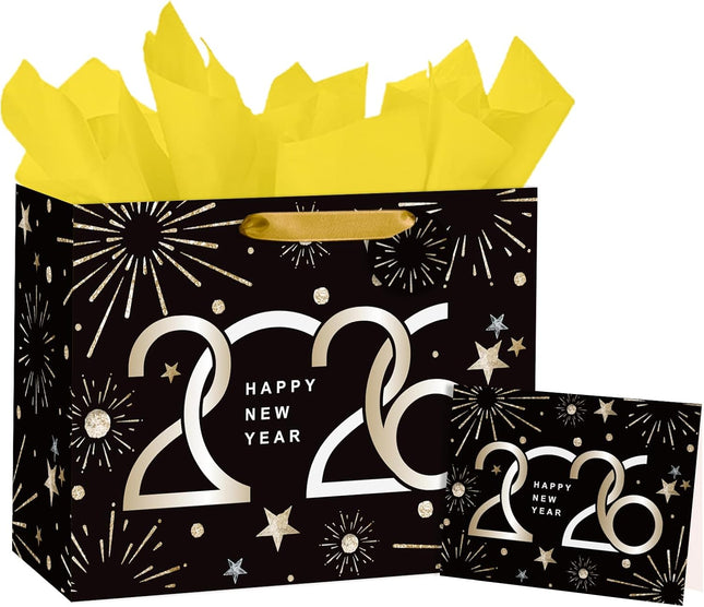 2026 New Year Gift Bag Black Gold Fireworks Medium with Tissue & Card