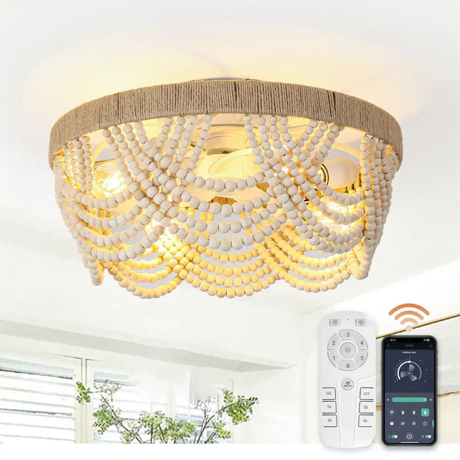 Modern Bohemian Smart Ceiling Fan 20” with Remote and Decorative Beads