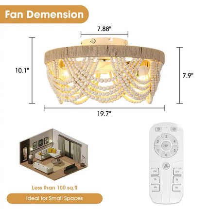 Modern Bohemian Smart Ceiling Fan 20” with Remote and Decorative Beads