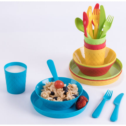 24 Piece Kids Dinnerware Set Plastic Plates Bowls Cups Cutlery Set