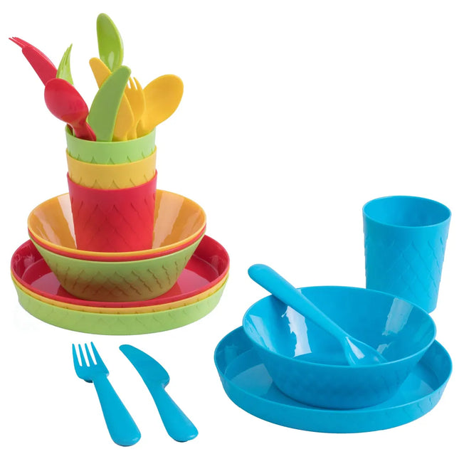 24 Piece Kids Dinnerware Set Plastic Plates Bowls Cups Cutlery Set