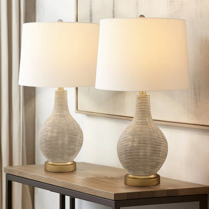 24.5" Farmhouse Table Lamp Set of 2 Washed Beige Gold White Linen Shade
