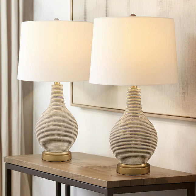 24.5" Farmhouse Table Lamp Set of 2 Washed Beige Gold White Linen Shade