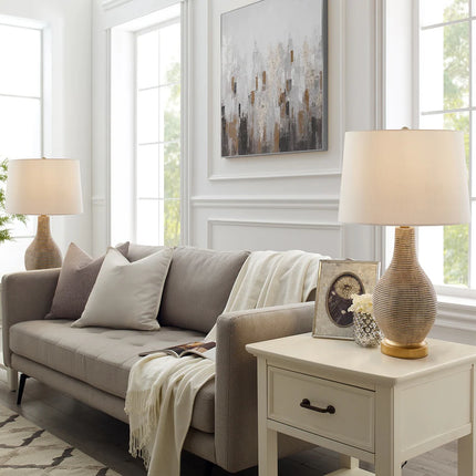 24.5" Farmhouse Table Lamp Set of 2 Washed Beige Gold White Linen Shade