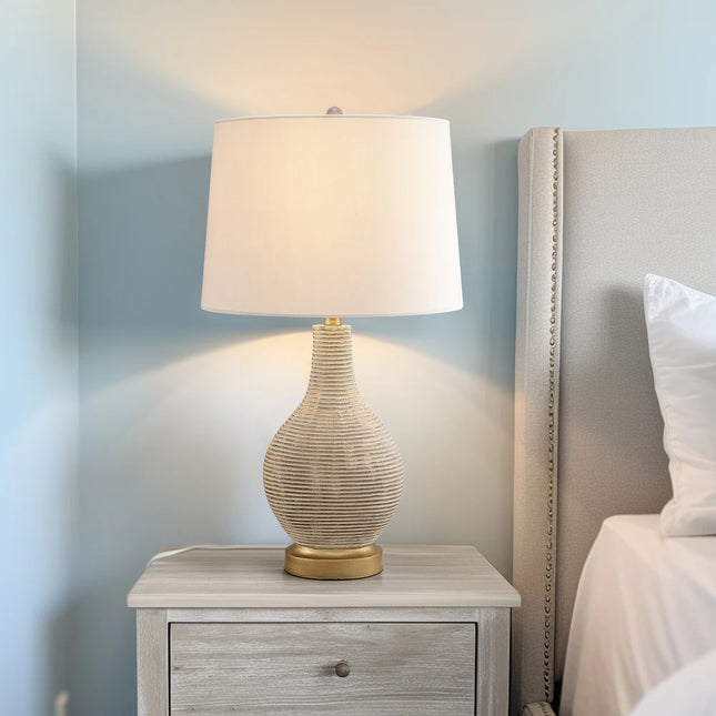 24.5" Farmhouse Table Lamp Set of 2 Washed Beige Gold White Linen Shade