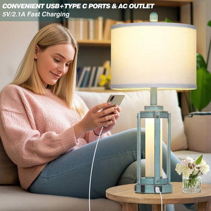 Set of 2 Farmhouse Blue Table Lamps 26 Inch USB Type-C Outlet Nightlight