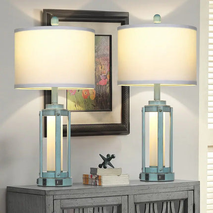 Set of 2 Farmhouse Blue Table Lamps 26 Inch USB Type-C Outlet Nightlight
