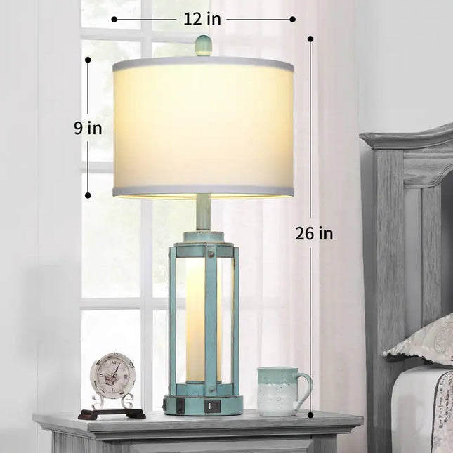 Set of 2 Farmhouse Blue Table Lamps 26 Inch USB Type-C Outlet Nightlight