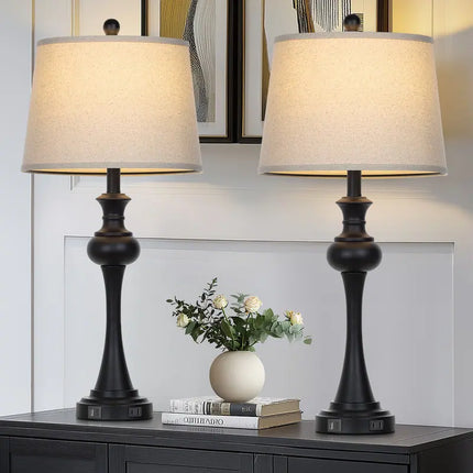 Set of 2 Black Table Lamps 28.75" USB Type-C Charging Ports 3-Way Touch Lamp