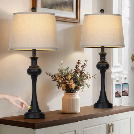 Set of 2 Black Table Lamps 28.75" USB Type-C Charging Ports 3-Way Touch Lamp
