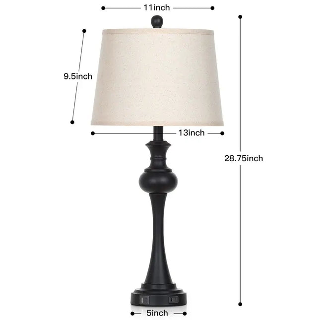 Set of 2 Black Table Lamps 28.75" USB Type-C Charging Ports 3-Way Touch Lamp
